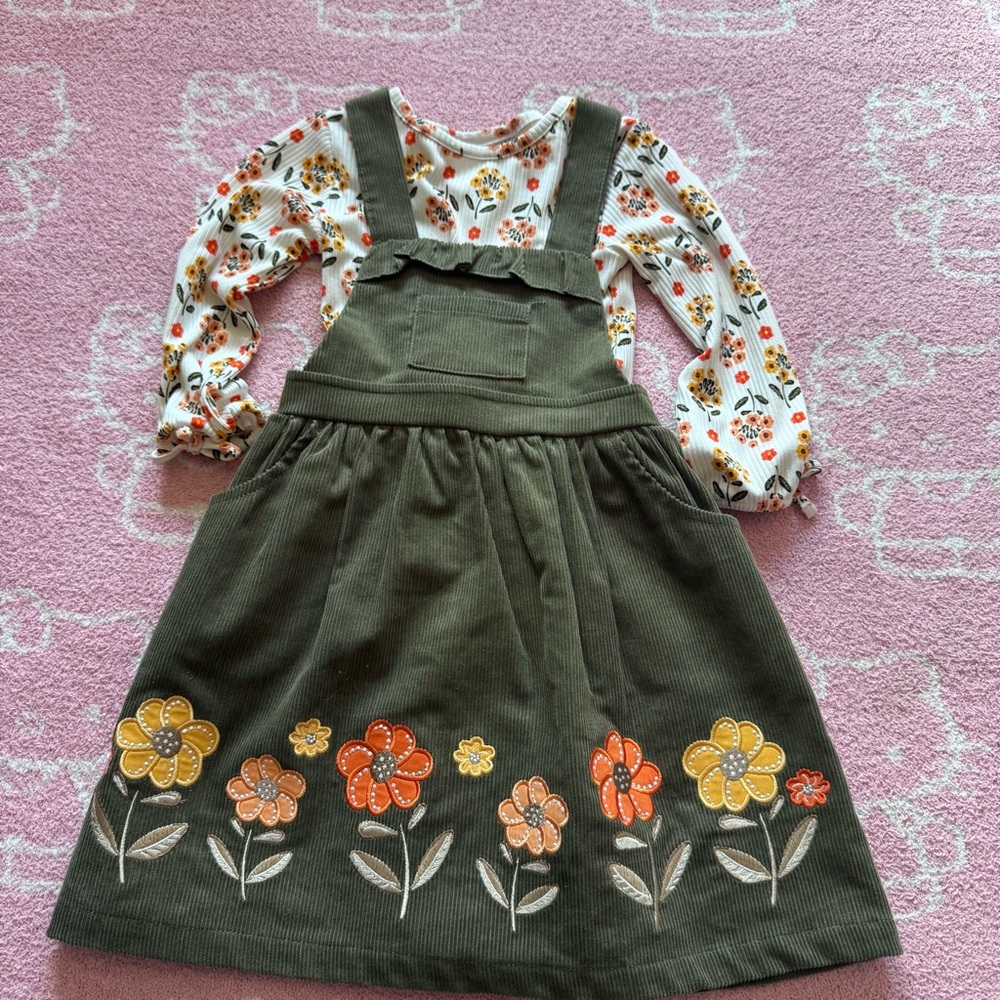 Blueberi Boulevard Green Corduroy Dress with Floral Print